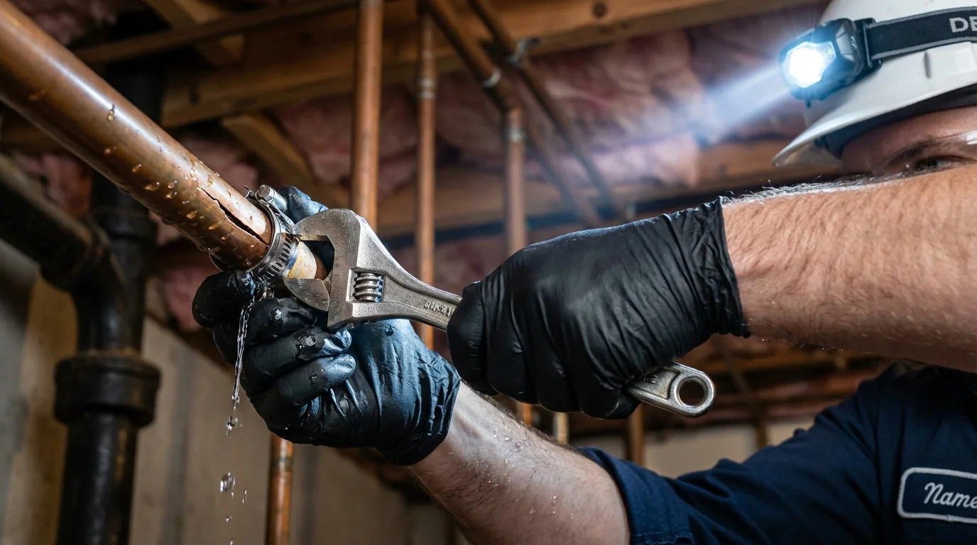 Emergency pipe clamp repair being performed by a Johns Plumbing LLC plumber in Jericho