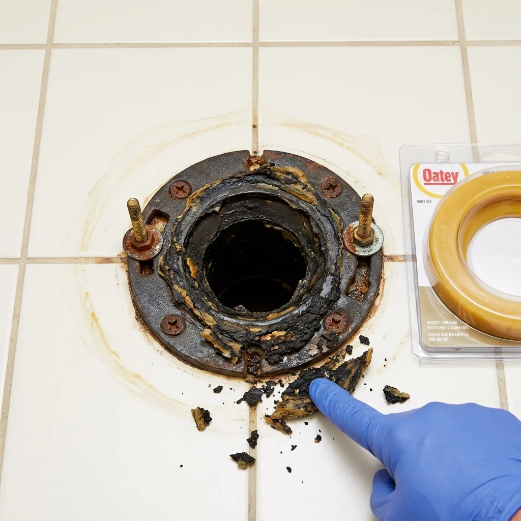 Failed wax ring showing water seepage at the base of a toilet in a Jericho, NY home