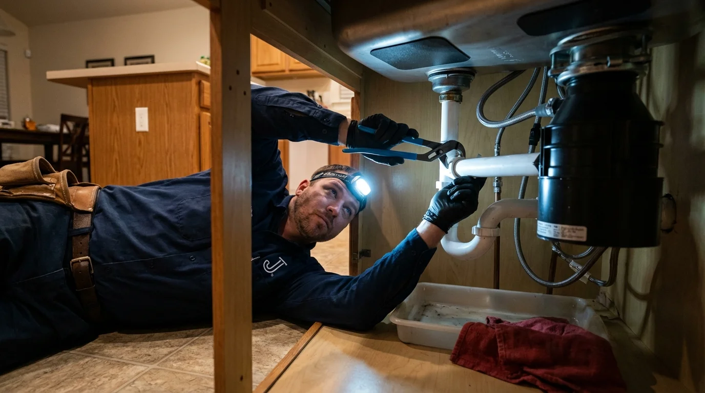 P-trap and supply line connections under a kitchen sink showing a common leak point in Jericho, NY